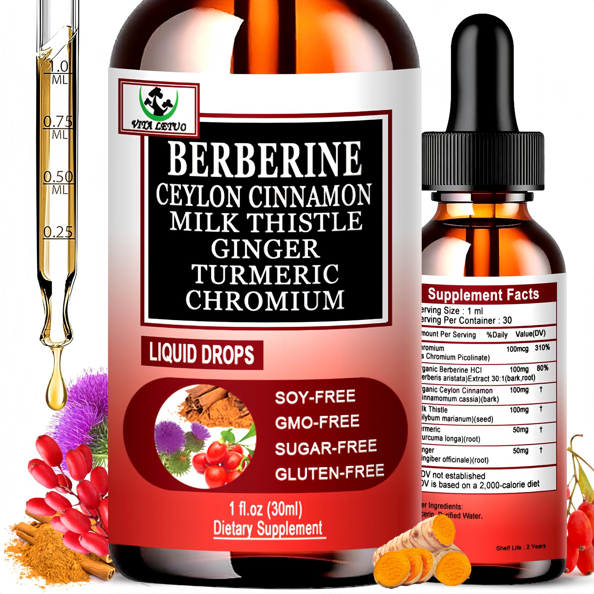 Berberine Drops, High Absorption 6-in-1 Liquid Berberine Supplement with Ceylon Cinnamon Milk Thistle Turmeric, Premium Berberine HCl for Immune Function Metabolic & Digestive Support, 30 Servings Vita letuo buy australia supplements
