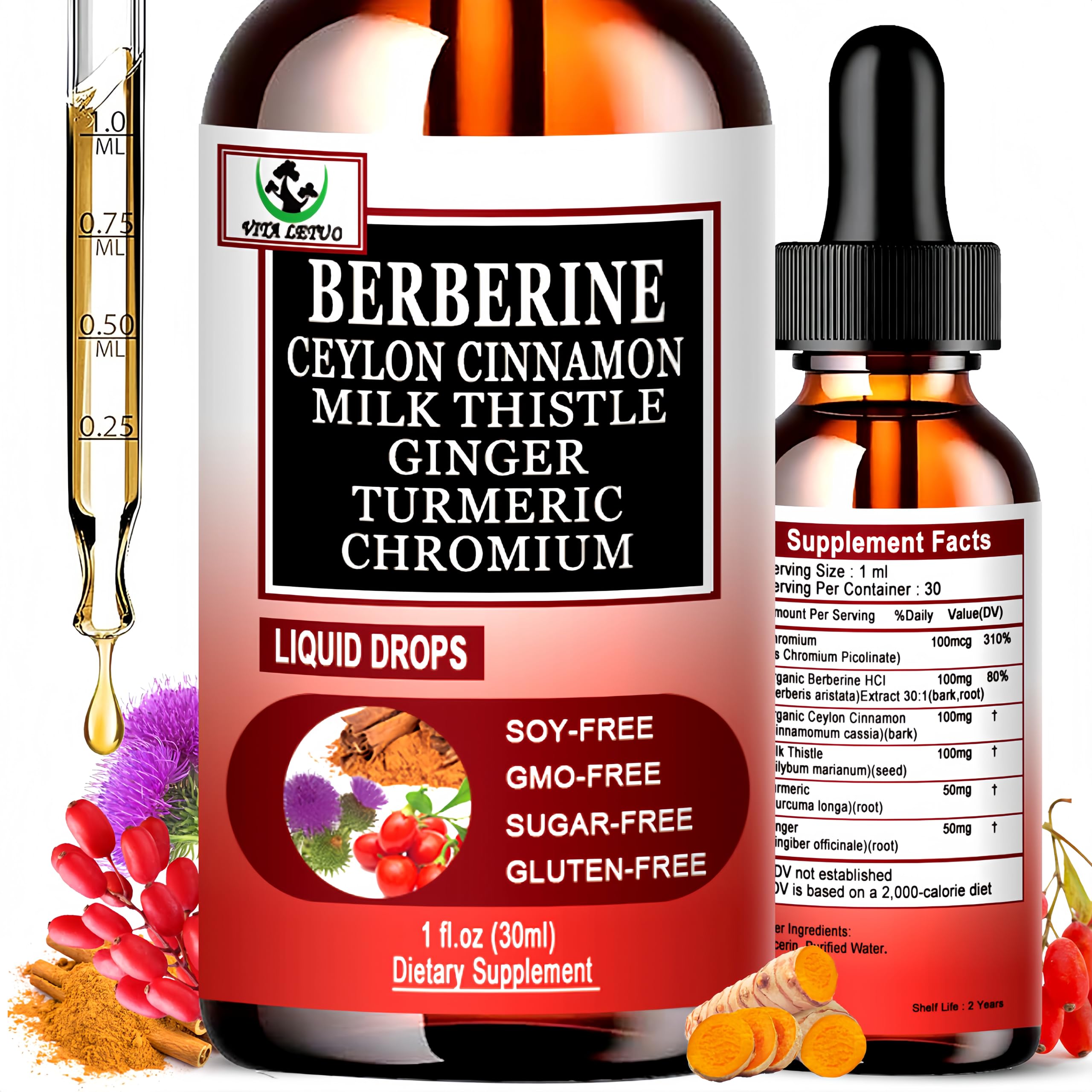 Berberine Drops, High Absorption 6-in-1 Liquid Berberine Supplement with Ceylon Cinnamon Milk Thistle Turmeric, Premium Berberine HCl for Immune Function Metabolic & Digestive Support, 30 Servings Vita letuo buy australia supplements