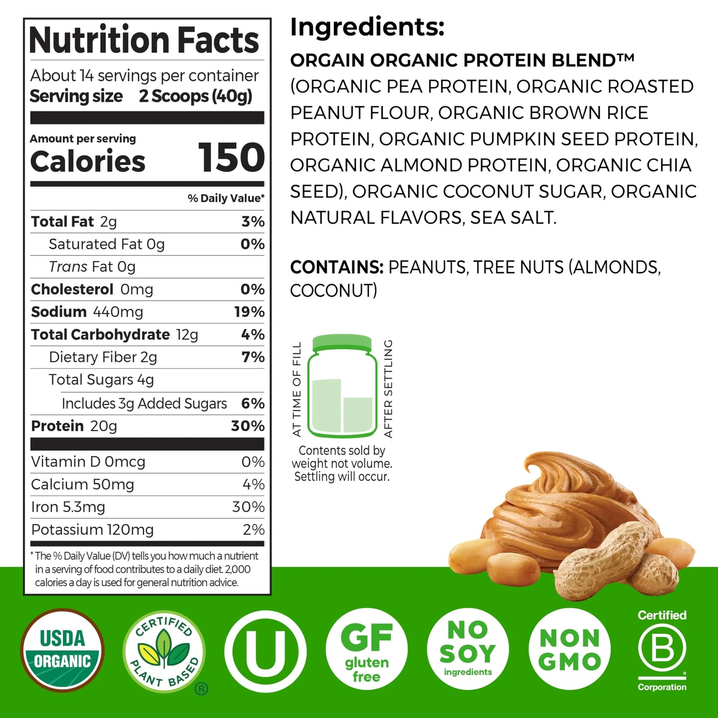 Orgain Organic Simple Vegan Protein Powder, Peanut Butter - 20g Plant Based Protein, With less Ingredients, No Artificial Sweeteners, Gluten Free, No Dairy or Lactose, 1.25 lb (Packaging May Vary) Orgain
