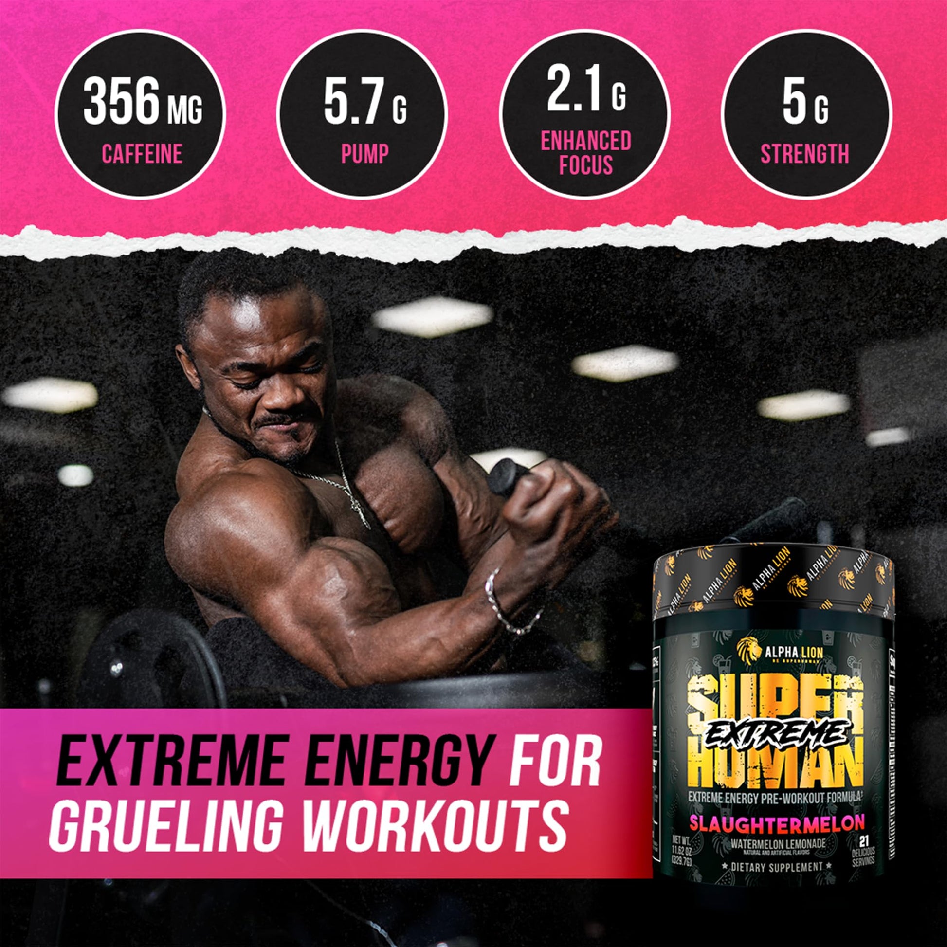 ALPHA LION Superhuman Extreme High Stim Pre Workout Powder, Beta Alanine, L-Taurine & 356mg Tri-Source Caffeine for Sustained Energy, Nitric Oxide & Citrulline for Pump (21 Servings, Slaughtermelon) ALPHA LION buy australia supplements