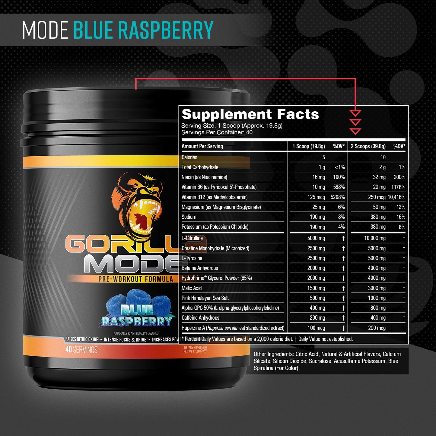 Gorilla Mode Pre Workout - Massive Pumps · Laser Focus · Energy · Power - L-Citrulline, Creatine, L-Tyrosine, Betaine, Hydroprime®, Alpha-GPC, 400mg Caffeine, Huperzine A - 792g (Rocket Frost)