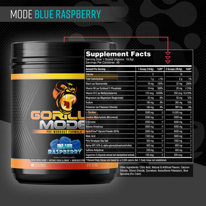Gorilla Mode Pre Workout - Massive Pumps · Laser Focus · Energy · Power - L-Citrulline, Creatine, L-Tyrosine, Betaine, Hydroprime®, Alpha-GPC, 400mg Caffeine, Huperzine A - 792g (Rocket Frost)