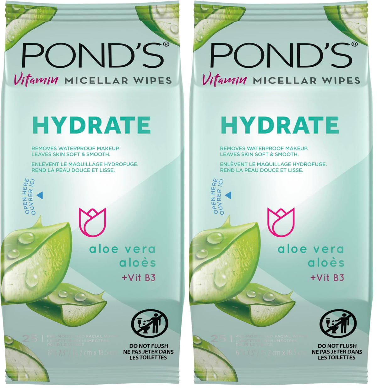 Pond's Vitamin Micellar Wipes For Dry Skin Hydrate Aloe Vera Removes Waterproof Makeup 25 Wipes (Pack of 2) POND'S