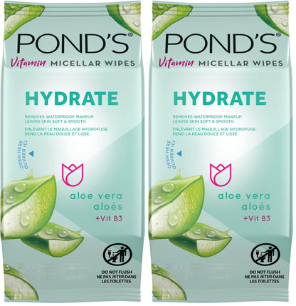 Pond's Vitamin Micellar Wipes For Dry Skin Hydrate Aloe Vera Removes Waterproof Makeup 25 Wipes (Pack of 2) POND'S