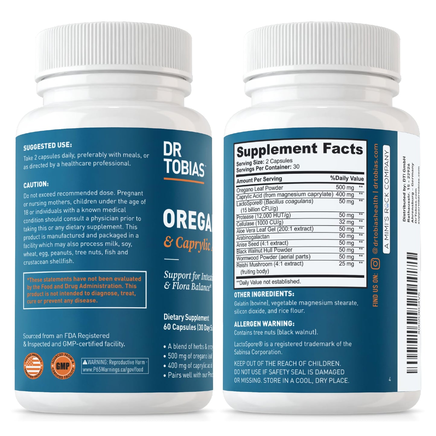 Dr. Tobias Oregano and Caprylic Acid Blend, Gut Flora Balance Complex with Probiotics & Enzymes for Intestinal and Immune Support, Gut Health Supplements for Women & Men, 60 Capsules, 30 Servings