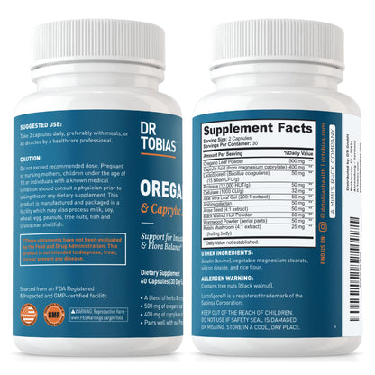 Dr. Tobias Oregano and Caprylic Acid Blend, Gut Flora Balance Complex with Probiotics & Enzymes for Intestinal and Immune Support, Gut Health Supplements for Women & Men, 60 Capsules, 30 Servings