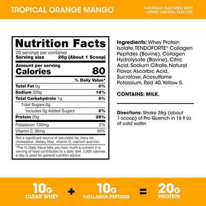 Optimum Nutrition Pro Quench, 10g Clear Protein, 10g Collagen peptides & Electrolyte Powder Drink Mix, Tropical Orange Mango, 20 Servings, Optimum Nutrition
