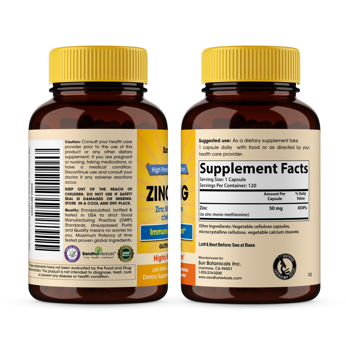 Zinc 50mg Capsules for Men and Women, 120 Count | Highly Absorbable Zinc Supplements for Immune System Support | Zink 50 mg Mono Methionine Chelated Complex SANDHUHERBALS