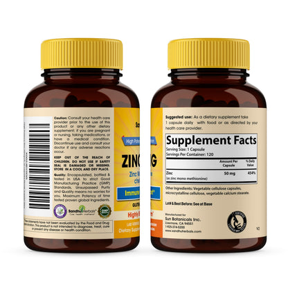 Zinc 50mg Capsules for Men and Women, 120 Count | Highly Absorbable Zinc Supplements for Immune System Support | Zink 50 mg Mono Methionine Chelated Complex SANDHUHERBALS
