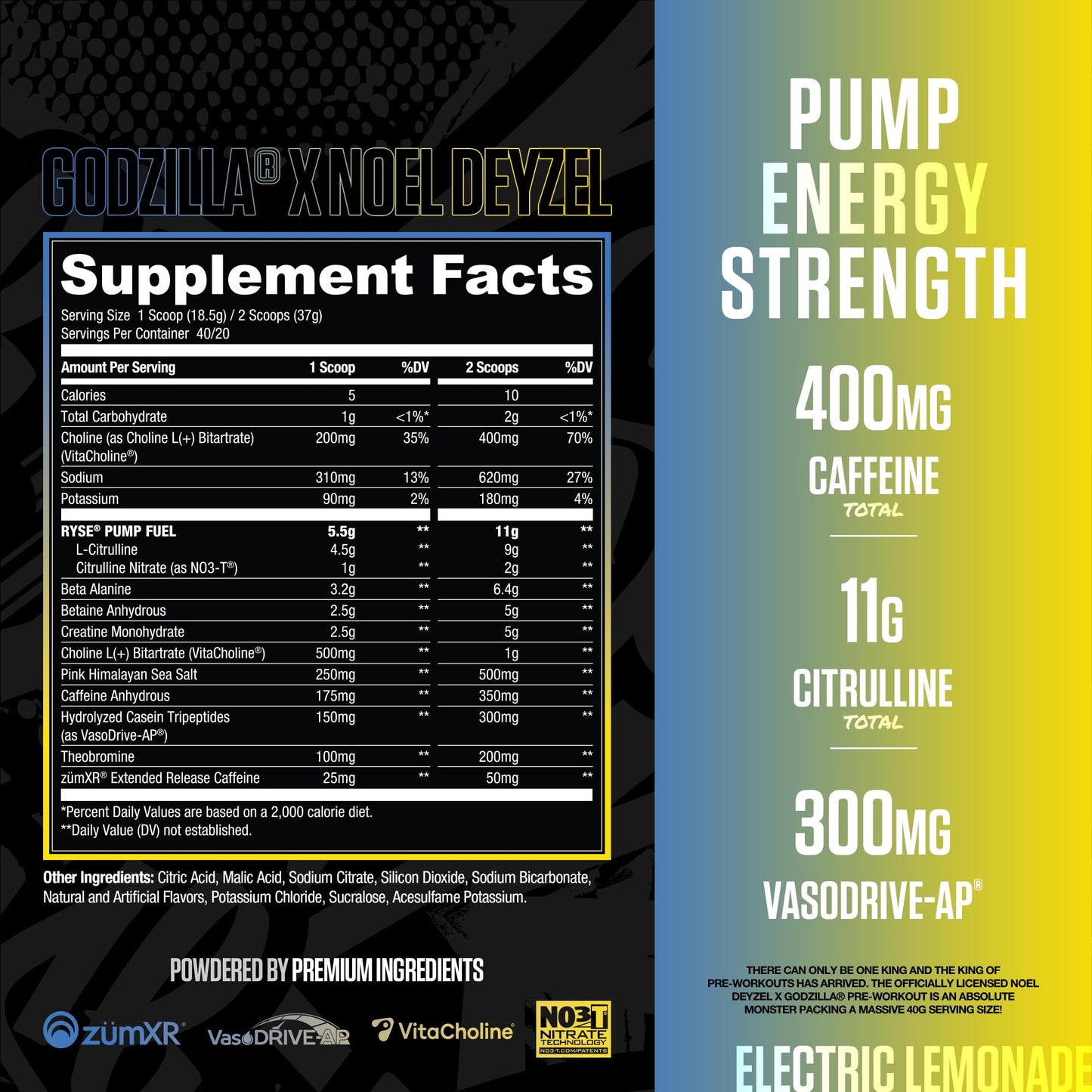 RYSE Godzilla X Noel Deyzel Pre Workout Powder - Monsterberry Lime - 400mg Caffeine, High Stim Pre-Workout for Men & Women with Citrulline & Beta Alanine - Energy, Pump & Focus - 20/40 Servings