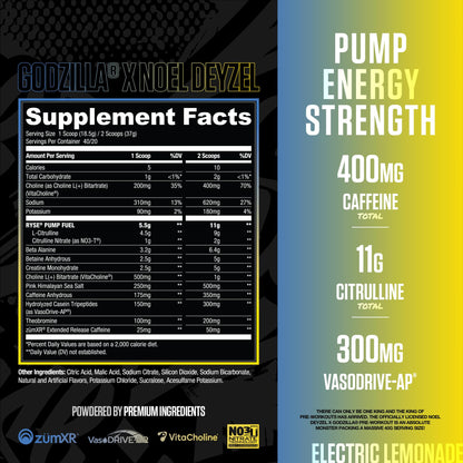RYSE Godzilla X Noel Deyzel Pre Workout Powder - Monsterberry Lime - 400mg Caffeine, High Stim Pre-Workout for Men & Women with Citrulline & Beta Alanine - Energy, Pump & Focus - 20/40 Servings