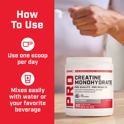 GNC Pro Performance Creatine Monohydrate Powder for Women & Men, 5g Creatine Per Serving, Muscle Building, Energy Production, Endurance, Performance, 50 Servings GNC