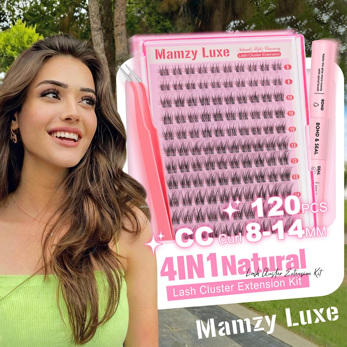 Natural Lash Clusters Kit Short Wispy Eyelash Clusters 8-14MM Clear Band Cluster Lashes Extensions Kit 120Pcs CC-Curly Daily Exquisite Eyelashes Clusters with Bond and Seal and Tweezers Mamzy Luxe