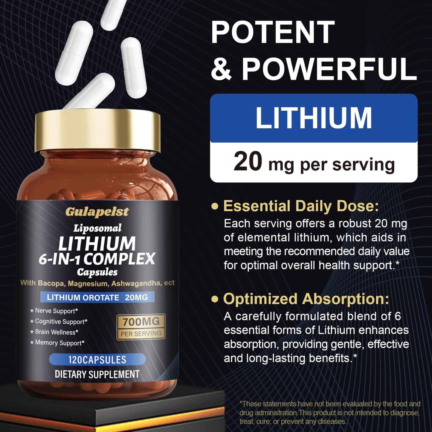 Lisopomal Lithium Orotate Complex Capsules, Lithium Orotate 20 mg, Magnesium Glycinate & Ashwagandha, Brain Health Supplements for Cognitive, Mood & Memory Gulapelst