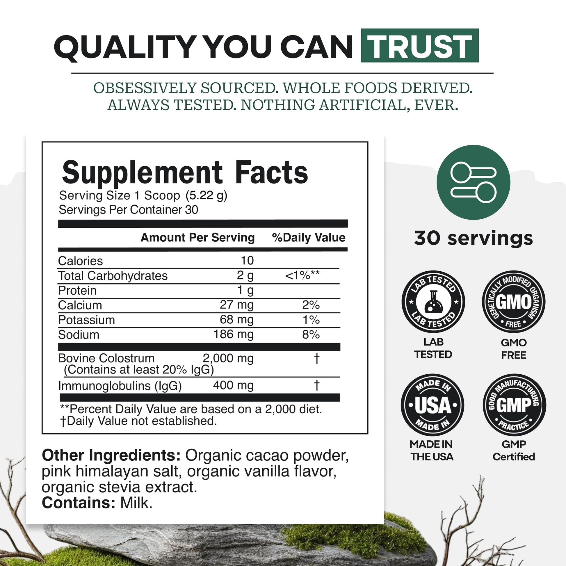Colostrum Supplement - Grass Fed Pure Bovine Colostrum Powder - 2000mg & 400mg IgG (calostro bovino) - Gut, Immunity, Skin, Hair Support - Sugar Free, Natural Cacao Flavour, 30 Servings Wild Foods buy australia supplements