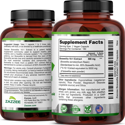 Zazzee Extra Strength Boswellia 10:1 Extract, 180 Capsules, 6 Month Supply | 65% Boswellic Acid, Vegan, Boswellia Serrata, Joint Comfort, Mobility & Flexibility Support, Non-GMO, Made in the USA Gsupps Australia