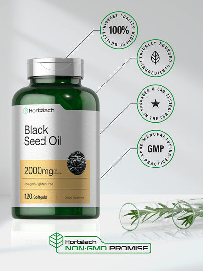 Horbaach Black Seed Oil Cold Pressed Softgel Capsules | 2000mg | 120 Count | Supplement with Omega 6 and 9 | Nigella Sativa Horbäach