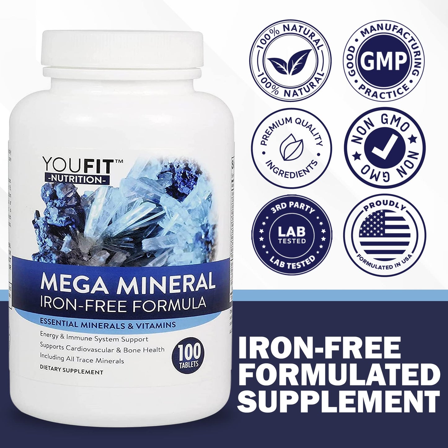 Mega Minerals Supplement by Youfit Nutrition | Trace Minerals | Premium Formula with Source of Minerals and Immune Health Support | Iron Free | All in One YouFit Nutrition