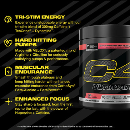 C4 Ultimate Pre Workout Powder Watermelon - Sugar Free Preworkout Energy Supplement for Men & Women - 300mg Caffeine + 3.2g Beta Alanine C4