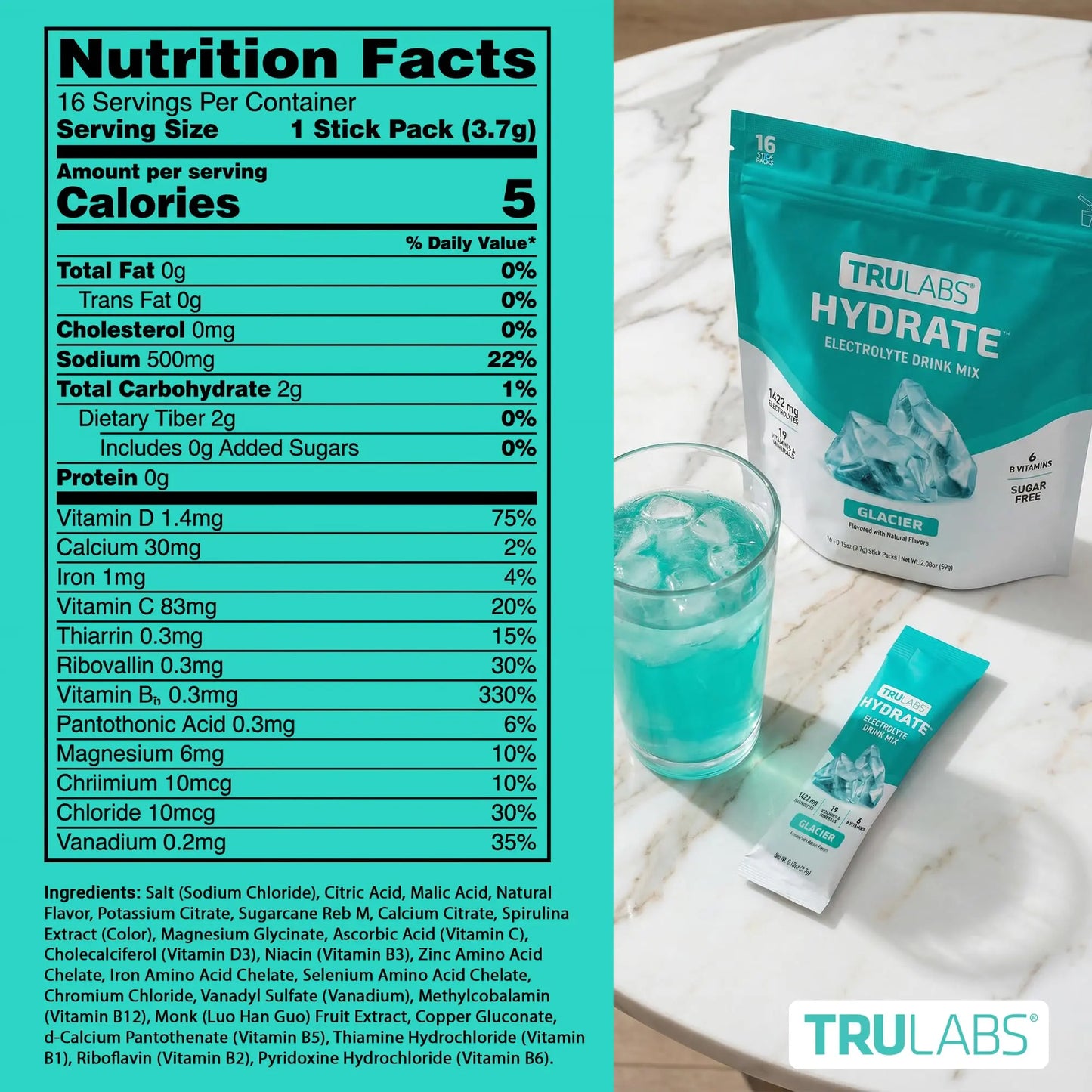 TRULABS Hydrate Electrolyte Drink Mix – Glacier Flavor, Sugar-Free Hydration Packets with 1422 mg Electrolytes & 19 Vitamins & Minerals, Monk Fruit Sweetened, On-the-Go Sticks (16 Count) TRULABS