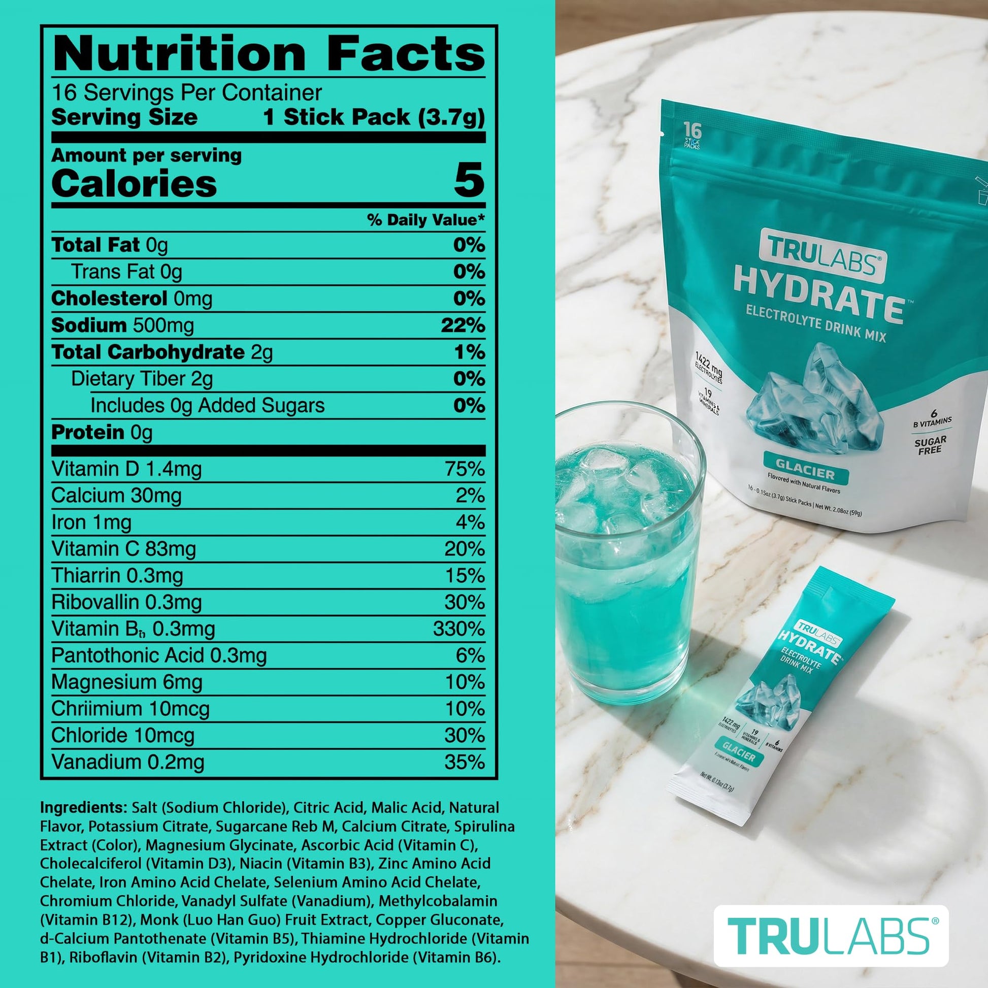 TRULABS Hydrate Electrolyte Drink Mix – Glacier Flavor, Sugar-Free Hydration Packets with 1422 mg Electrolytes & 19 Vitamins & Minerals, Monk Fruit Sweetened, On-the-Go Sticks (16 Count) TRULABS buy australia supplements