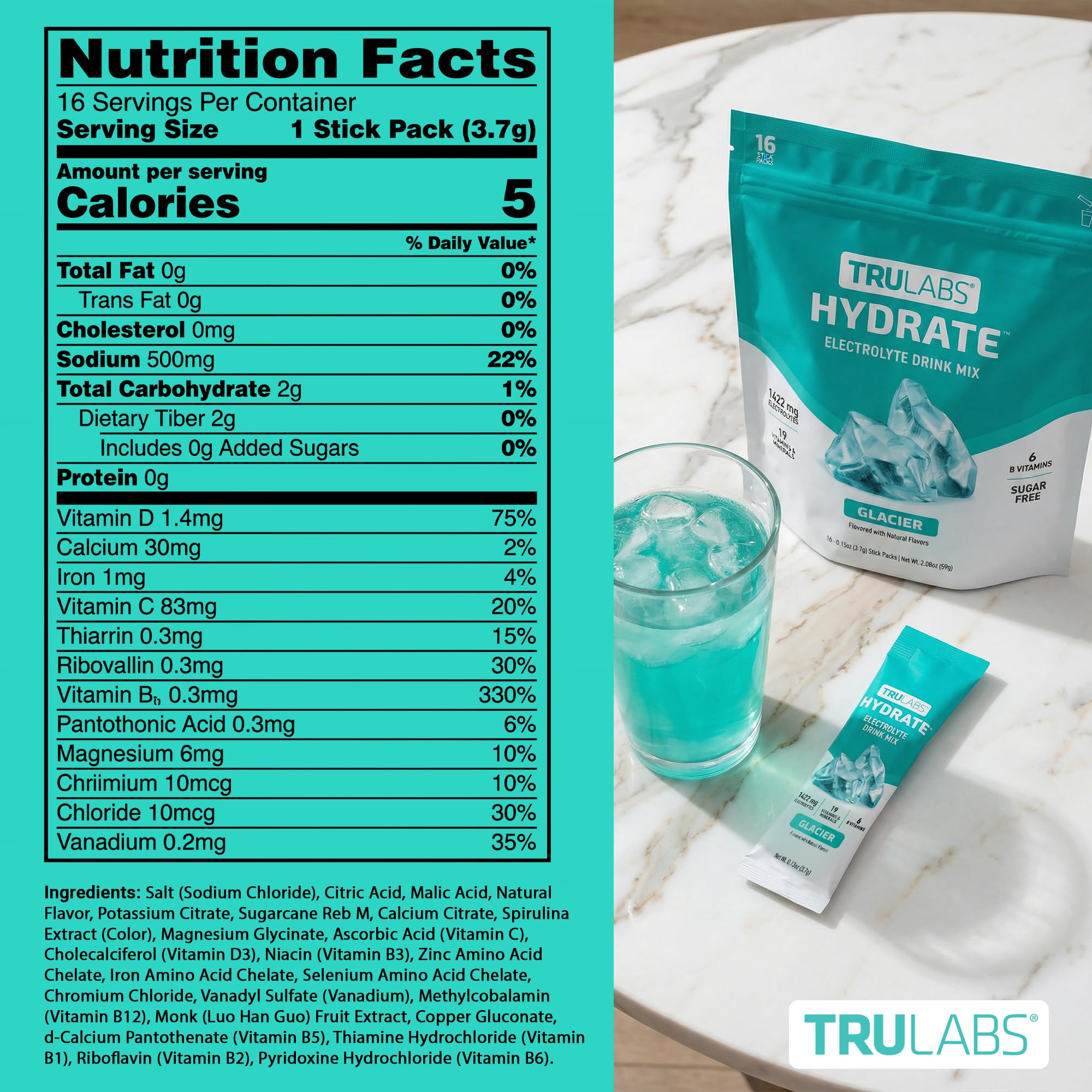 TRULABS Hydrate Electrolyte Drink Mix – Glacier Flavor, Sugar-Free Hydration Packets with 1422 mg Electrolytes & 19 Vitamins & Minerals, Monk Fruit Sweetened, On-the-Go Sticks (16 Count) TRULABS buy australia supplements
