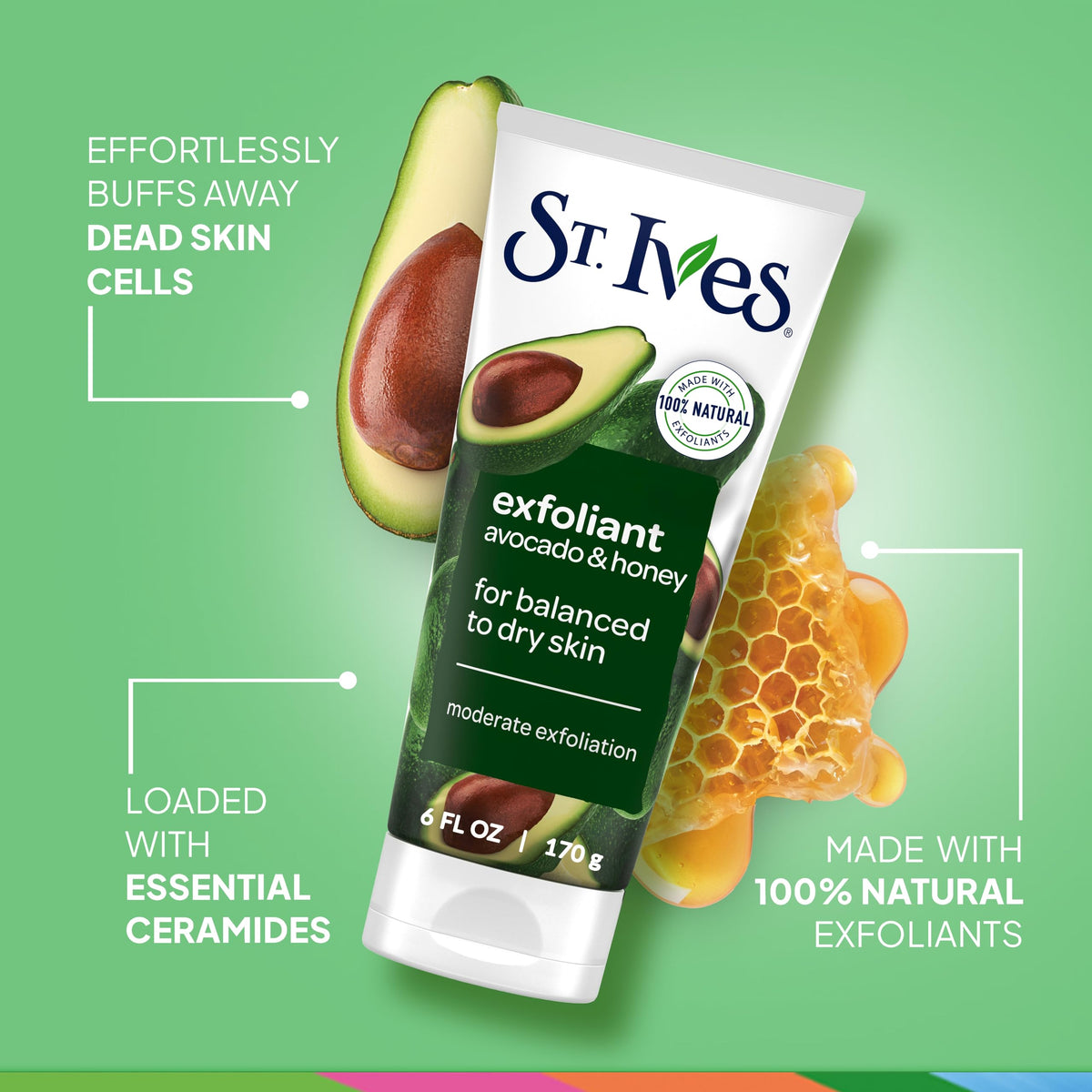 St. Ives Avocado & Honey Face Scrub, Facial Exfoliant for Balanced to Dry Skin, Moderate Exfoliation, 6 oz St. Ives