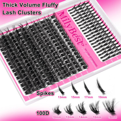 MilyBest Lash Clusters Kit 100D with Spikes, 13-19mm Manga Lashes MilyBest