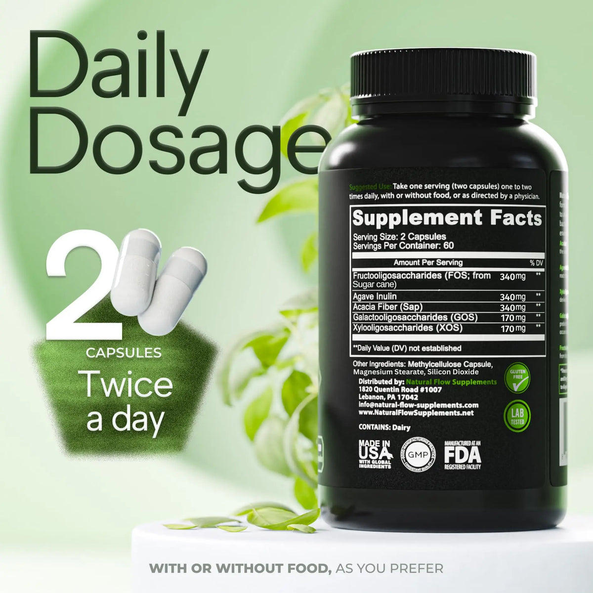 Prebiotic Fiber Supplement 5-in-1 Capsules - Natural Flow 5X Fiber XOS, GOS, FOS, Acacia and Agave Inulin, Daily Soluble Fiber Formula for Gut Support Natural Flow Supplements