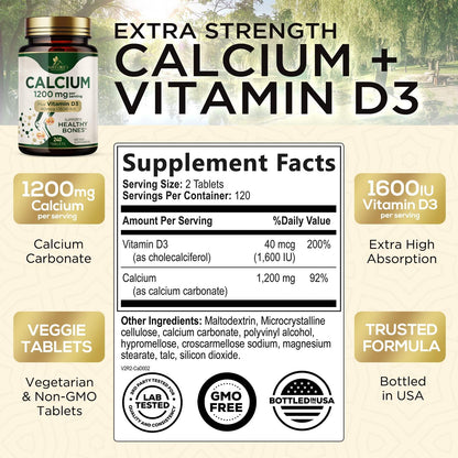 Calcium 1200 mg with Vitamin D3 - Per Serving - Bone Health Supplement - Vitamin D & Calcium Supplements for Women & Men - Bone Strength Support Nature's Nutrition