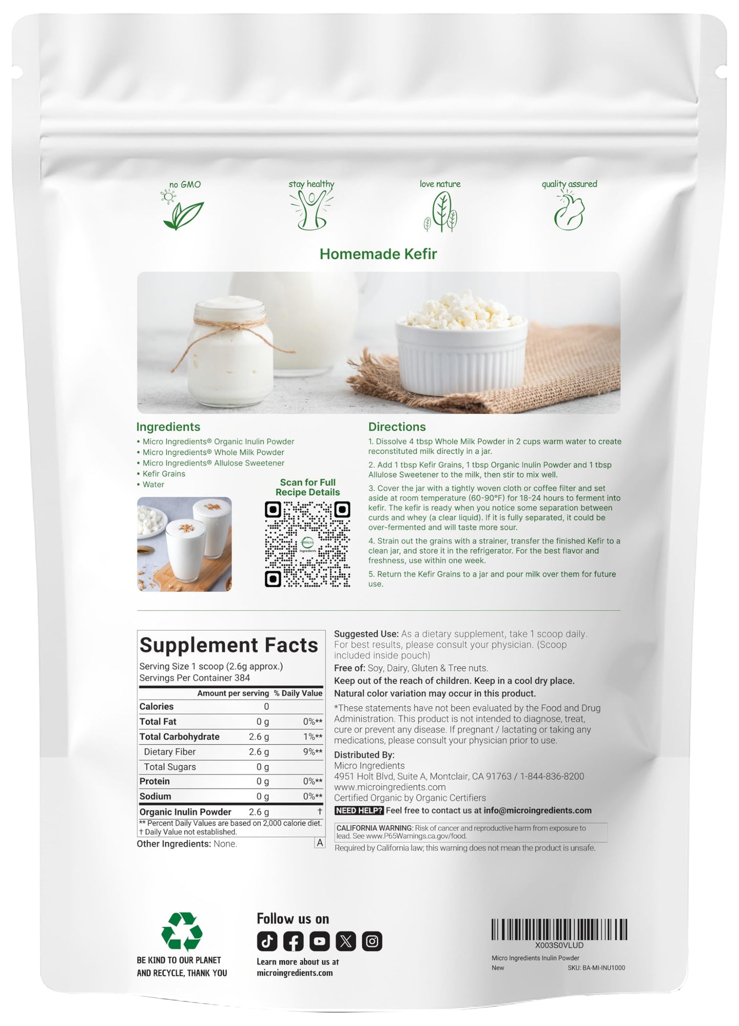 Micro Ingredients Organic Inulin FOS Fiber Powder, 2.2 lbs | Quick Water-Soluble Prebiotic | Natural Fiber for Smoothies & Drinks | Vegan Friendly, Dissolves Clear Micro Ingredients