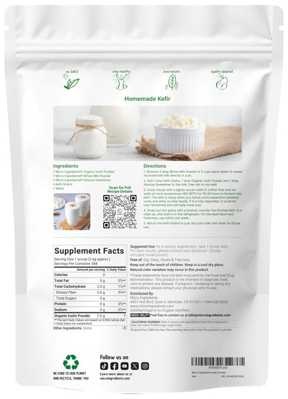 Micro Ingredients Organic Inulin FOS Fiber Powder, 2.2 lbs | Quick Water-Soluble Prebiotic | Natural Fiber for Smoothies & Drinks | Vegan Friendly, Dissolves Clear Micro Ingredients