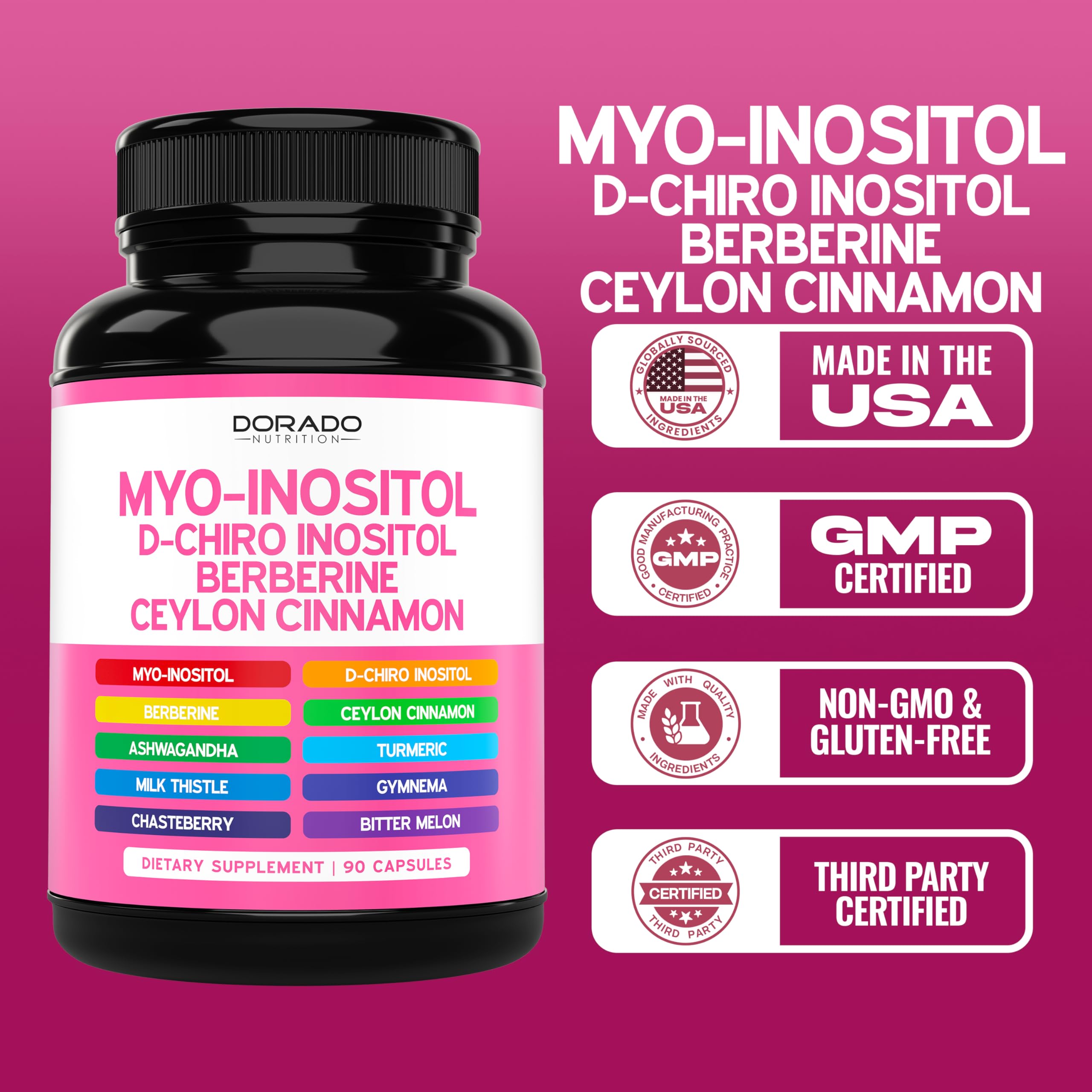 Myo-Inositol & D-Chiro Inositol Supplement For Women (90 Capsules, 40:1 Ratio Myo Inositol) Hormone Balance for Women - 10 in 1 Formula - Third Party Tested, Vegan Safe & USA Made - (90 Count) DORADO NUTRITION buy australia supplements