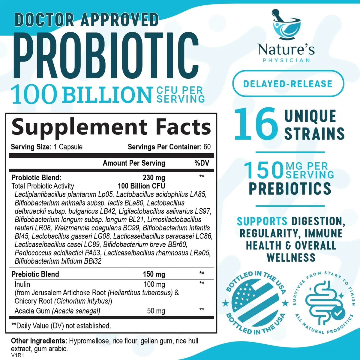 Nature's Physician Probiotics - 100 Billion CFU Per Capsule - 16 Strains + Prebiotics - Best Probiotic Supplement for Women & Men - Supports Immune, Nature's Physician