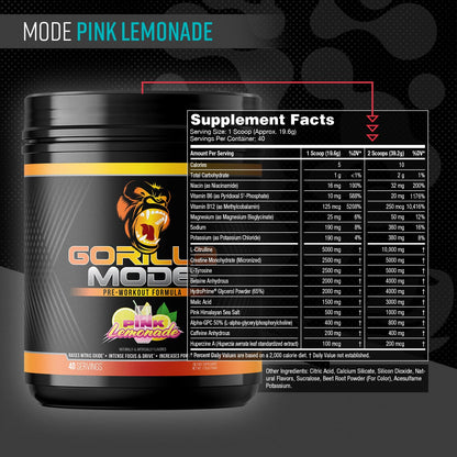 Gorilla Mode Pre Workout - Massive Pumps · Laser Focus · Energy · Power - L-Citrulline, Creatine, L-Tyrosine, Betaine, Hydroprime®, Alpha-GPC, 400mg Caffeine, Huperzine A - 792g (Rocket Frost)
