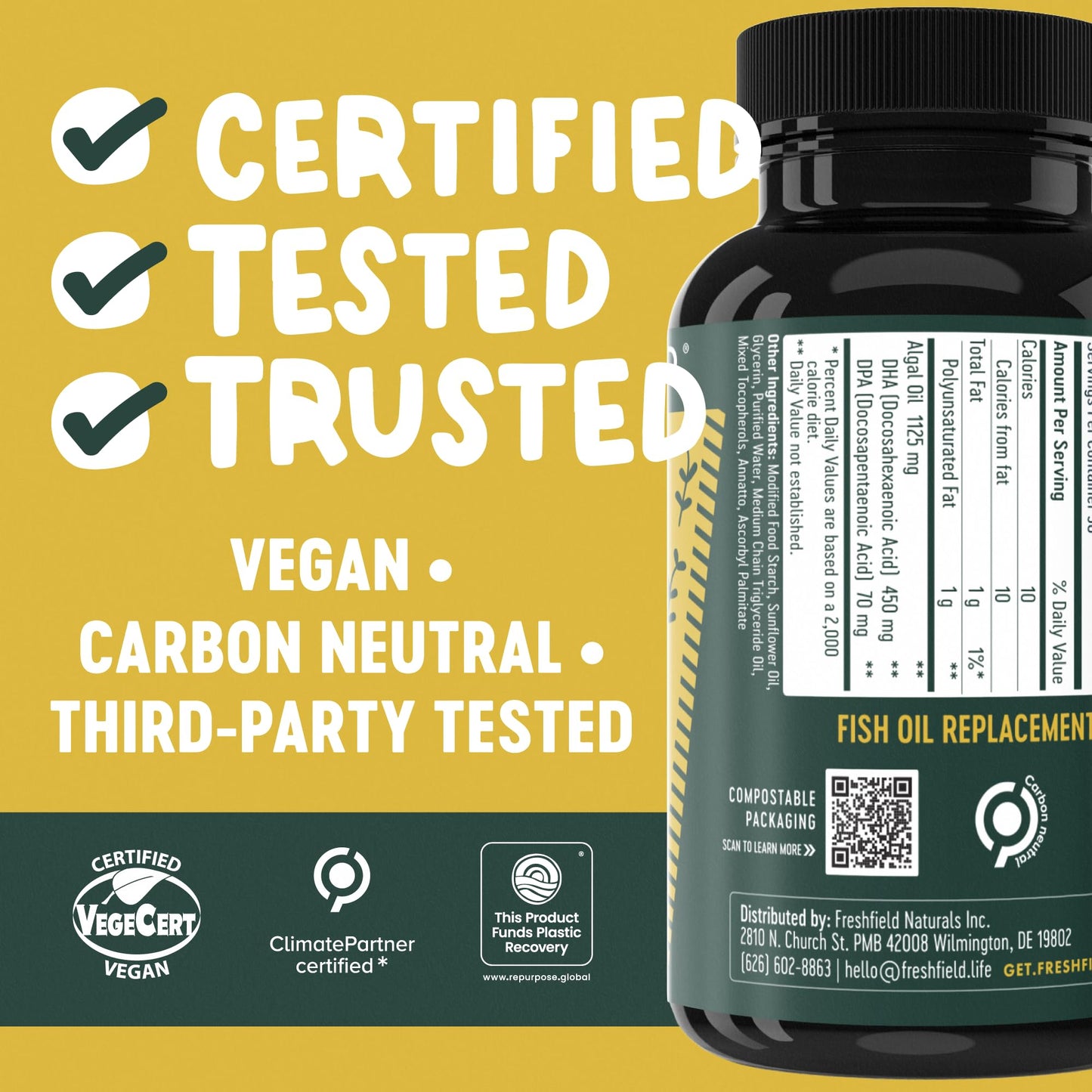 Freshfield Vegan Omega 3, Algae (Algal) Oil, Fish Oil Free Company, Third Party Tested, Carrageenan Free, DHA Supplement w/DPA Freshfield