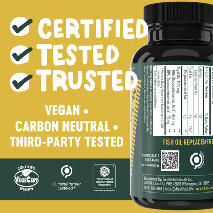 Freshfield Vegan Omega 3, Algae (Algal) Oil, Fish Oil Free Company, Third Party Tested, Carrageenan Free, DHA Supplement w/DPA Freshfield