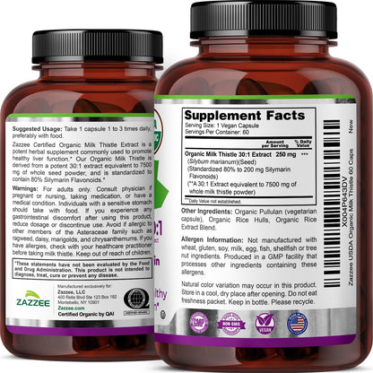 Zazzee USDA Organic Milk Thistle 30:1 Extract, 80% Silymarin, 120 Capsules | Vegan, 4 Month Supply, Certified Kosher, High Potency Liver & Antioxidant Support, Silybum Marianum, Non-GMO, Made in the USA Gsupps Australia