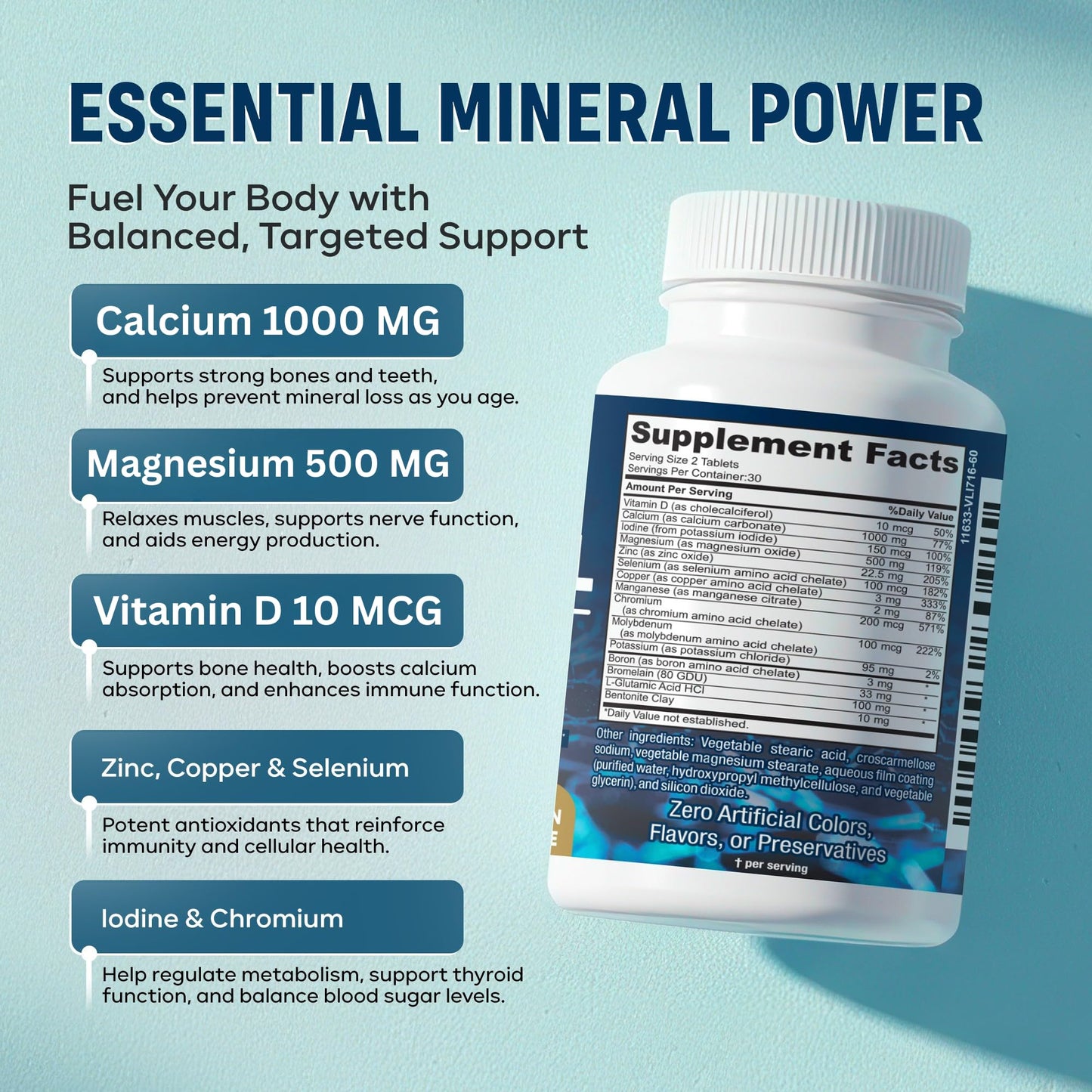 Mega Mineral – Complete Complex with Vitamin D, Calcium, Magnesium, Zinc, Potassium, Boron, Selenium, Chromium & Trace Minerals – Iron-Free – USA Made – 60 Tablets BARIPLUS