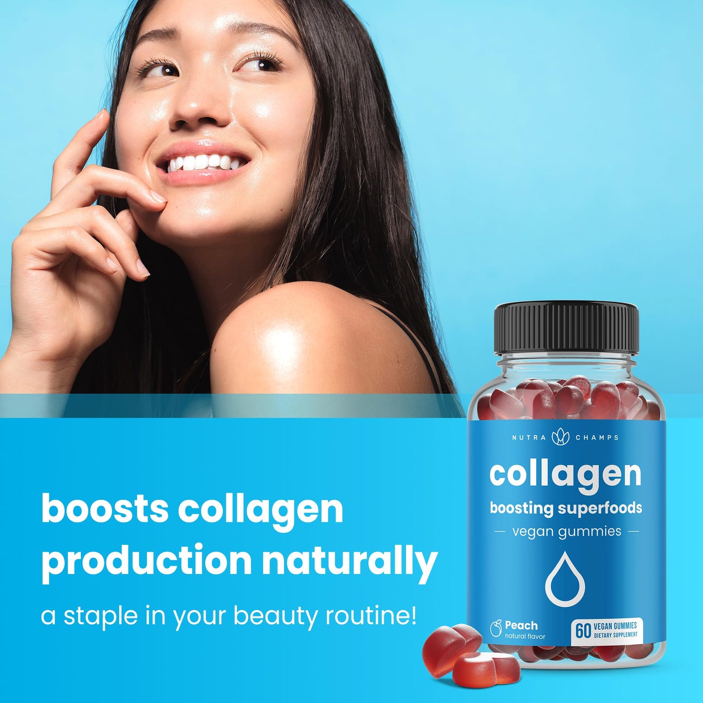NutraChamps Collagen Boosting Gummies, Collagen Booster Gummy for Natural Collagen Production, Vegan Pectin Supplements Chews for Women & Men, NutraChamps