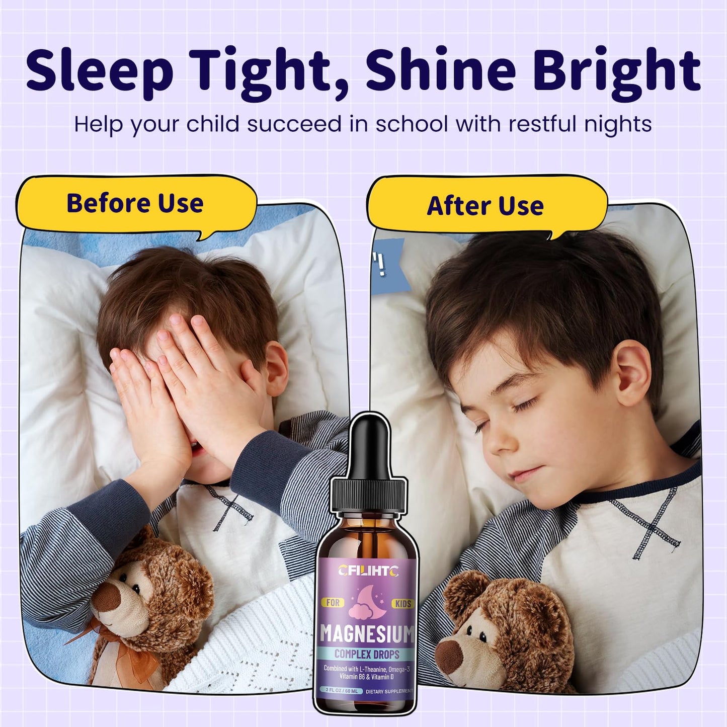 Kids Magnesium Liquid Drops-Magnesium Glycinate Liquid for Kids Supplement-w/L-theanine, Omega-3, Vitamin B6, D3 - for Sleep, Relaxation, Brain, Bones CFILIHTC