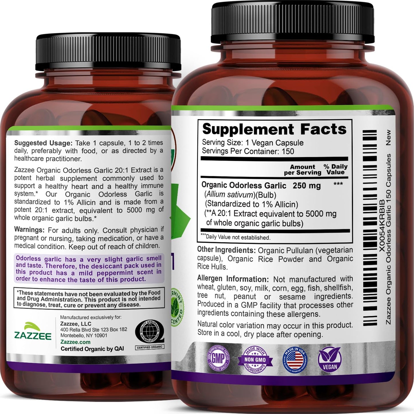 Zazzee USDA Organic Odorless Garlic 20:1 Extract, 1% Allicin, 100 Capsules | Vegan, 3+ Month Supply, Allium Sativum, Immune, Circulation & Heart Health Support, All-Natural, Non-GMO, Made in the USA Gsupps Australia