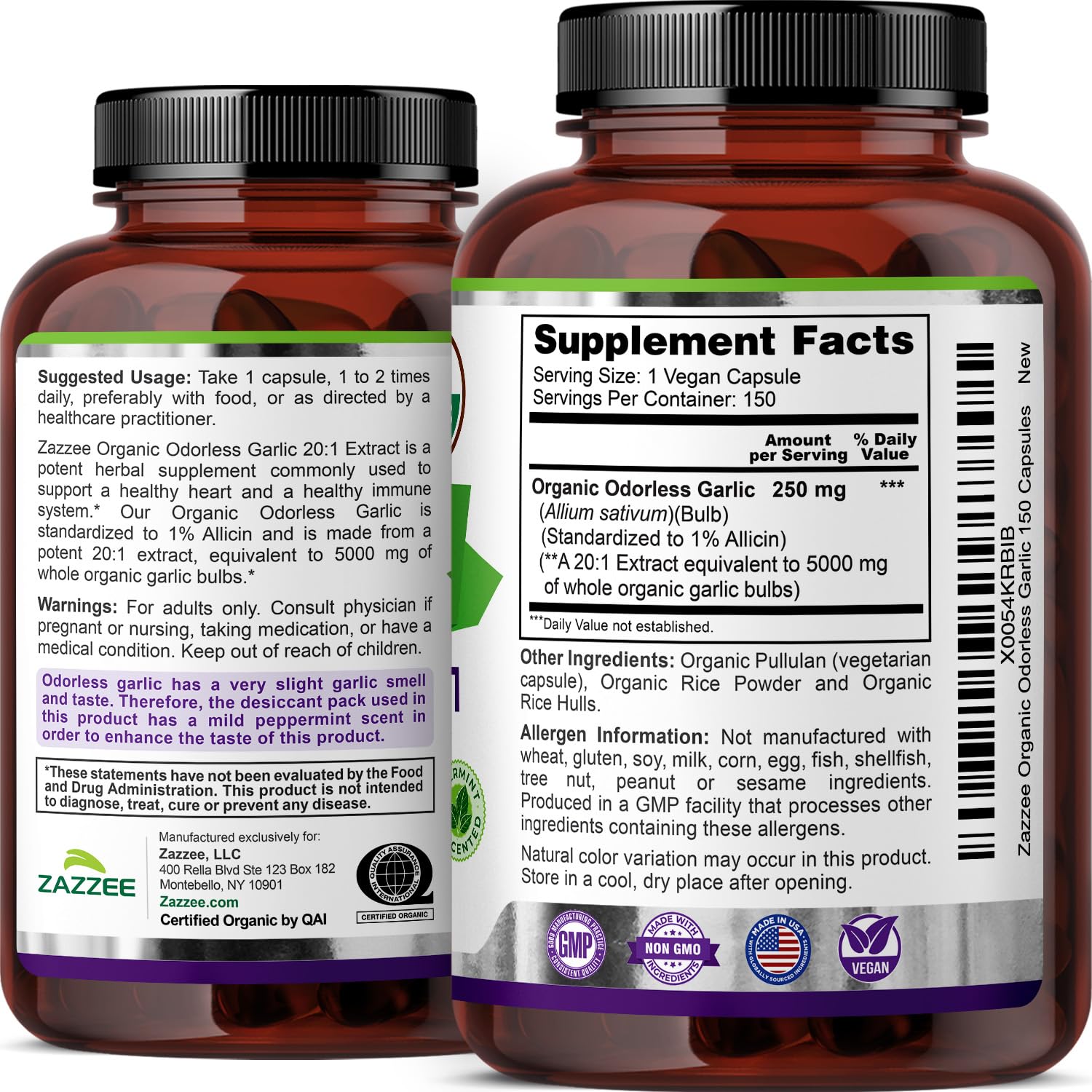 Zazzee USDA Organic Odorless Garlic 20:1 Extract, 1% Allicin, 100 Capsules | Vegan, 3+ Month Supply, Allium Sativum, Immune, Circulation & Heart Health Support, All-Natural, Non-GMO, Made in the USA Gsupps Australia