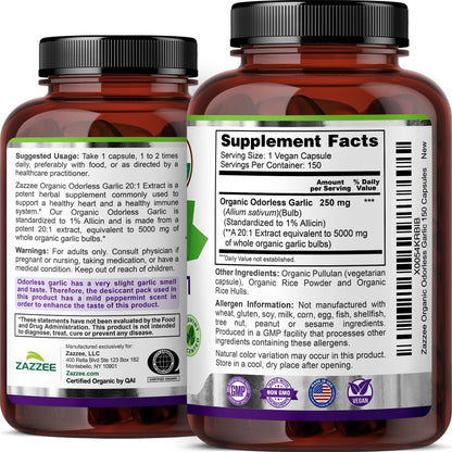 Zazzee USDA Organic Odorless Garlic 20:1 Extract, 1% Allicin, 100 Capsules | Vegan, 3+ Month Supply, Allium Sativum, Immune, Circulation & Heart Health Support, All-Natural, Non-GMO, Made in the USA Gsupps Australia