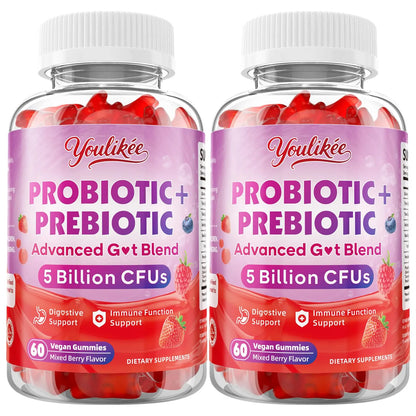 Youlikee 2 Pack Prebiotic + Probiotic Gummies for Women and Men, Probiotic Gummies Supports Gut Health, 5 Billion CFUs with Fibers, Youlikee