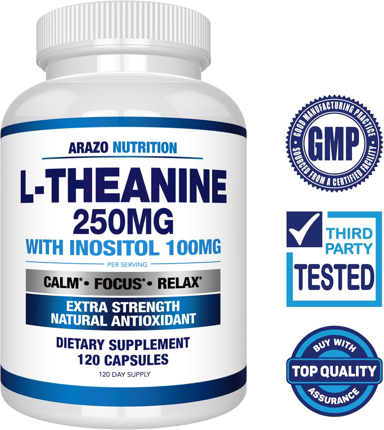 Arazo Nutrition L-Theanine 250mg (Extra Strength) with Inositol 100mg Per Serving, 120 Capsules Vegetarian Gsupps Australia