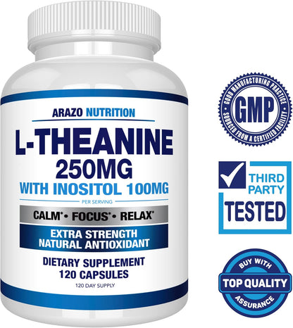 Arazo Nutrition L-Theanine 250mg (Extra Strength) with Inositol 100mg Per Serving, 120 Capsules Vegetarian Gsupps Australia