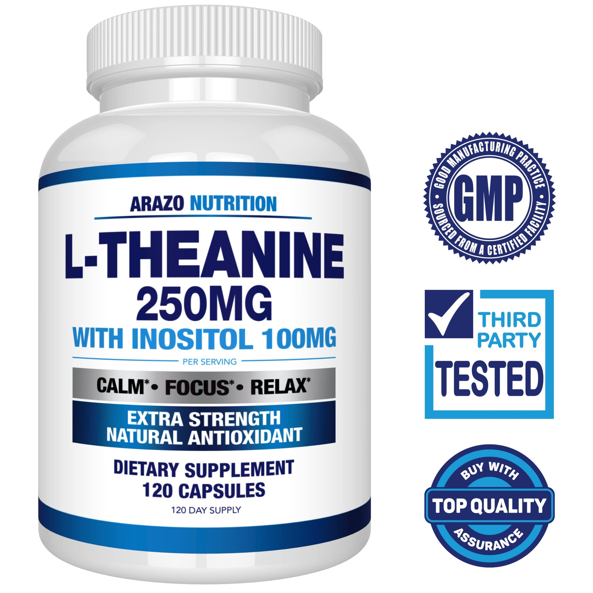 Arazo Nutrition L-Theanine 250mg (Extra Strength) with Inositol 100mg Per Serving, 120 Capsules Vegetarian Gsupps Australia