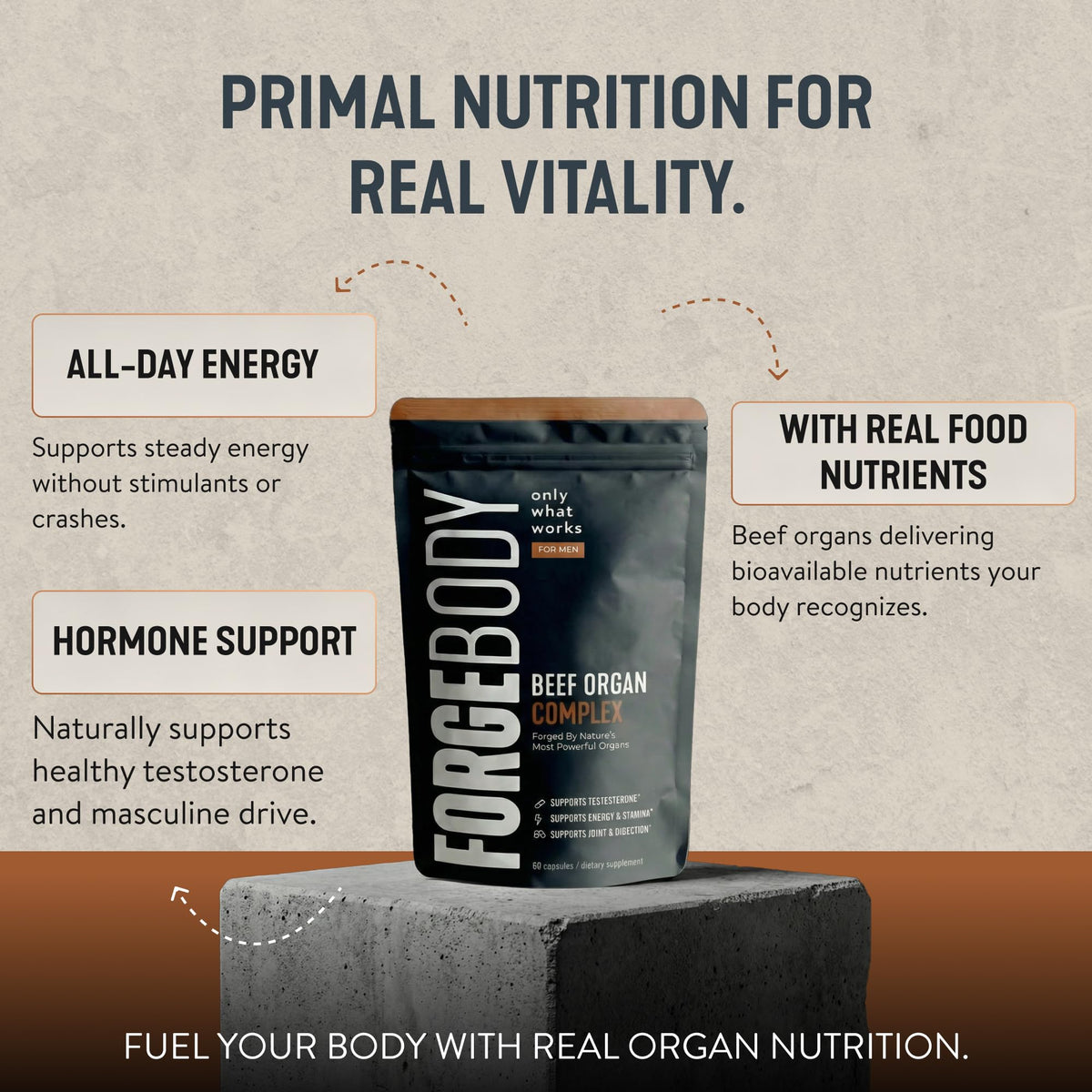FORGEBODY® Beef Organ Complex Capsules [1 Month] - 100% Grass Fed Beef Organ Supplement with Blend of Liver, Heart, Bone Marrow, Pancreas & Testicles FORGEMEN