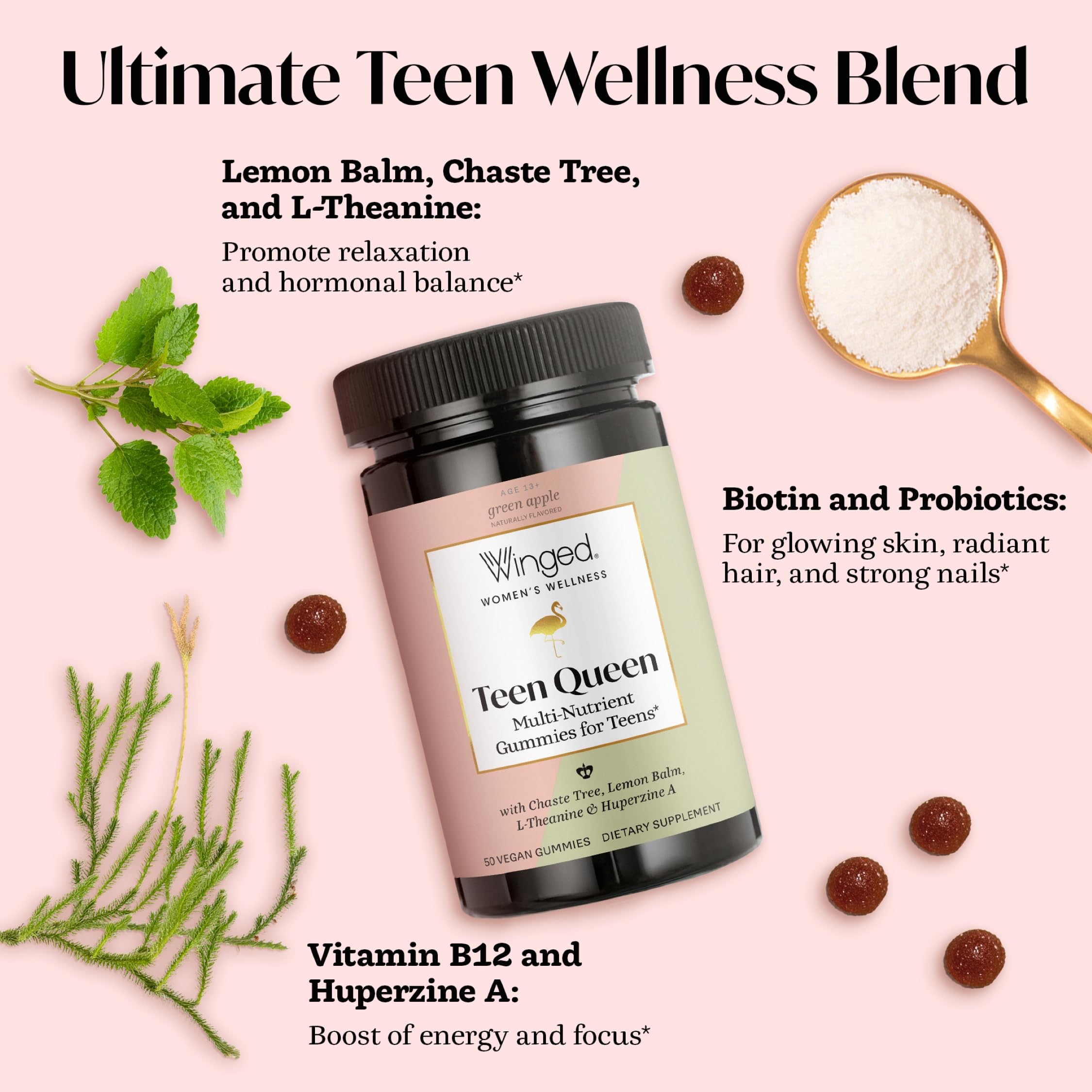 Winged Wellness Multivitamin Gummies for Teen Girls - Teen Vitamins for Mood & Hormonal Health - Vegan Gummy Supplement with Chaste Tree, Lemon Balm, L-Theanine, Probiotics & Biotin - 50 Gummies Winged Wellness buy australia supplements